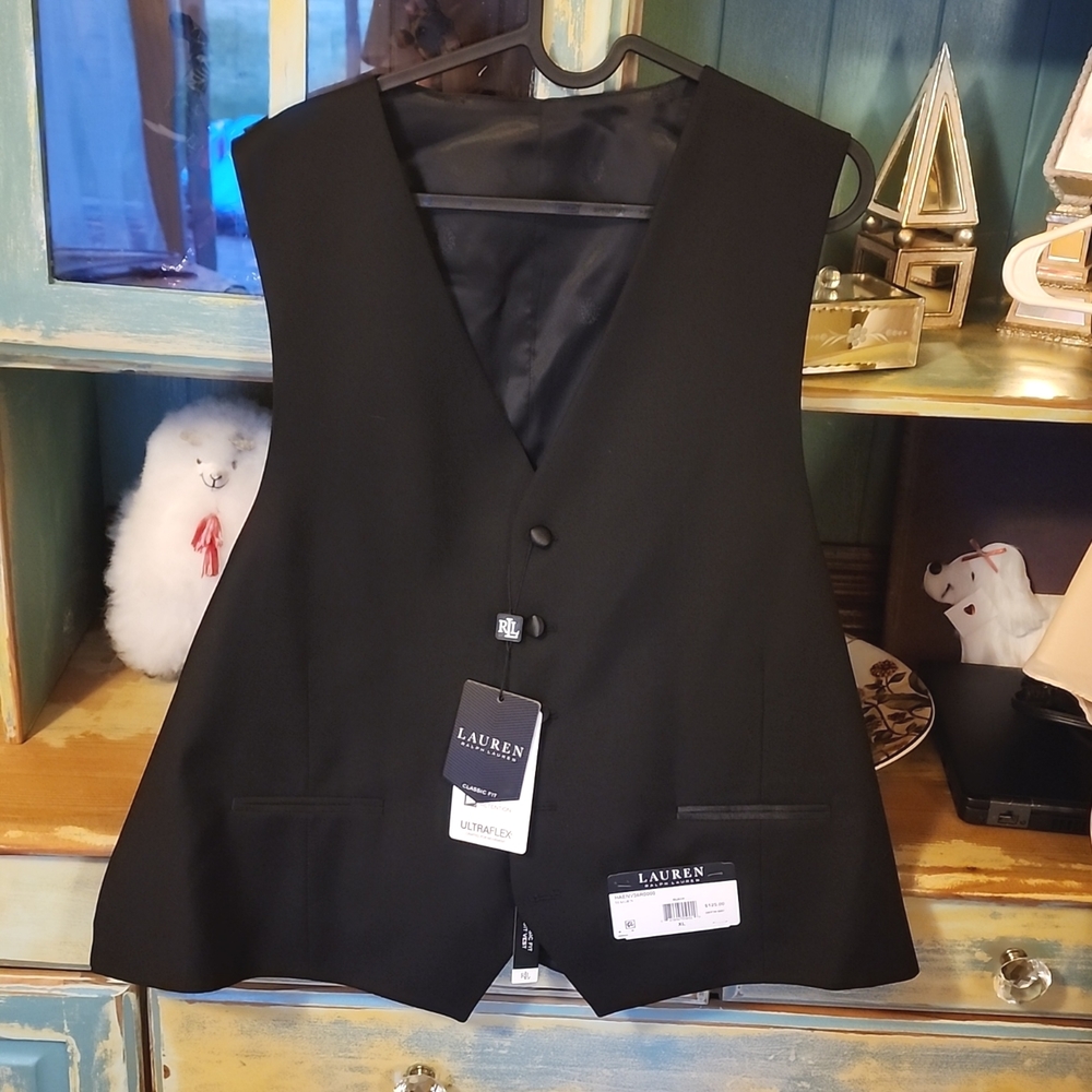BNWT Ralph Lauren black vest, satin back XL
